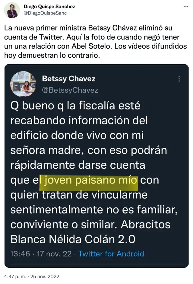 Tuit del 25 de noviembre de 2022. Foto: captura de Twitter / @DiegoQuispeSanc Tuit del 25 de noviembre de 2022. Foto: captura de Twitter / @DiegoQuispeSanc