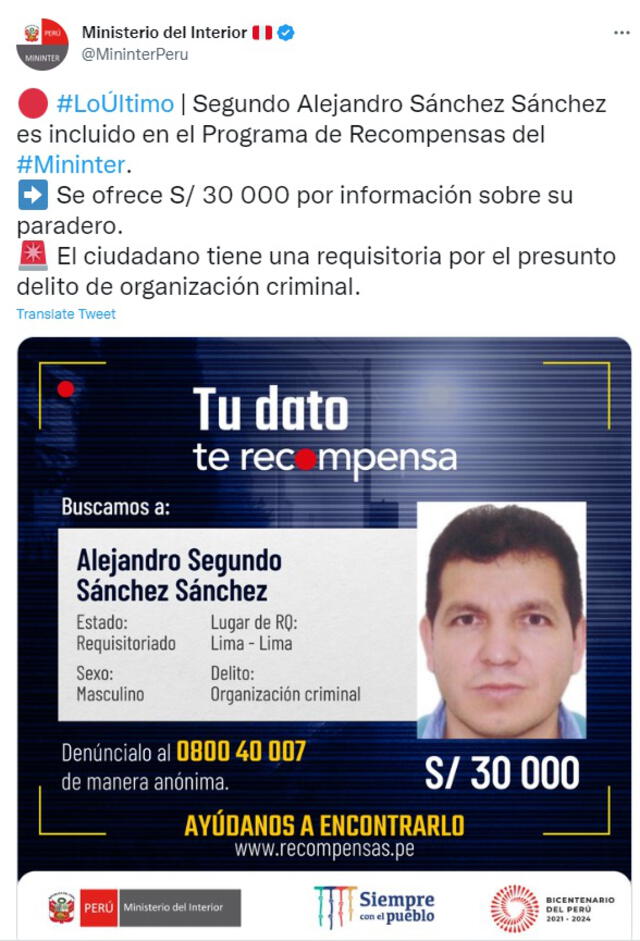 El Ministerio del Interior incluyó a Alejandro Sánchez en el programa de recompensas. Foto: captura Mininter
