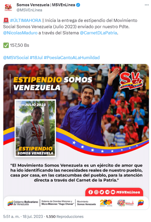 El pago del bono de julio fue anunciado por la cuenta oficial de Twitter de Somos Venezuela. Twitter/Somos Venezuela