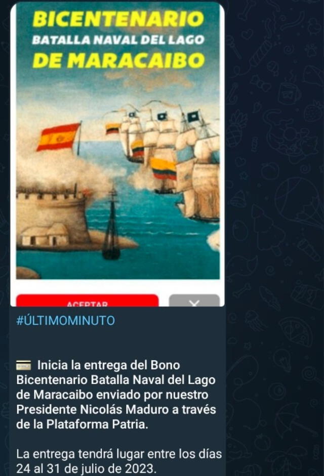 El Segundo Bono Especial de julio 2023 se llamó Bono Bicentenario Batalla Naval del Lago de Maracaibo. Foto: Canal Patria Digital/Telegram