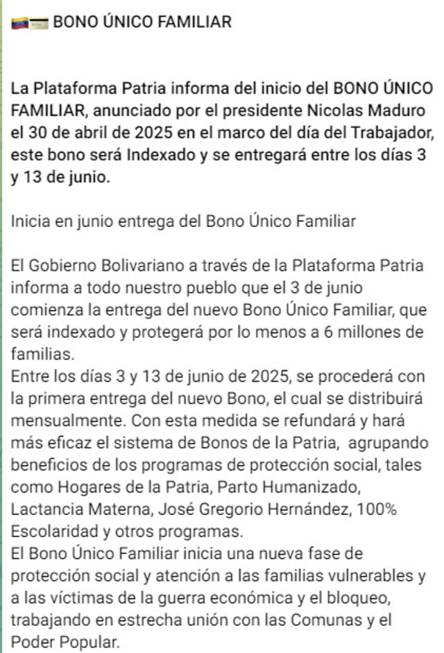 Anuncio del Bono Único Familiar de junio 2025. Foto: Canal Patria Digital Anuncio del Bono Único Familiar de junio 2025. Foto: Canal Patria Digital