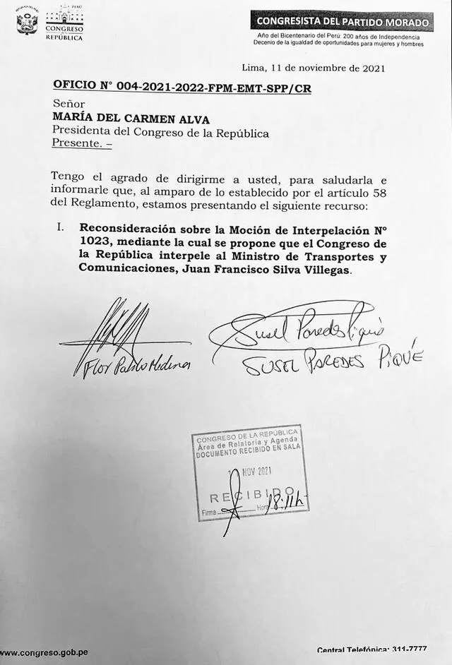 Pedido de reconsideración de la moción para interpelar al ministro Juan Silva. Foto: captura de Twitter