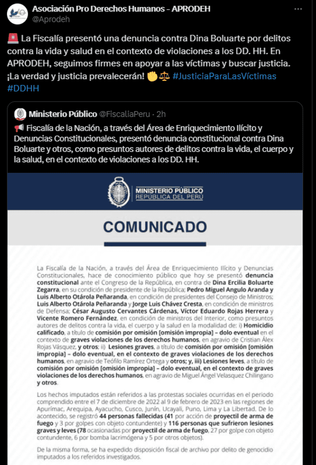  Acusación también alcanza a los exministros Otárola, Jorge Chávez, entre otros. Foto: Asociación Pro Derechos Humanos- X.    