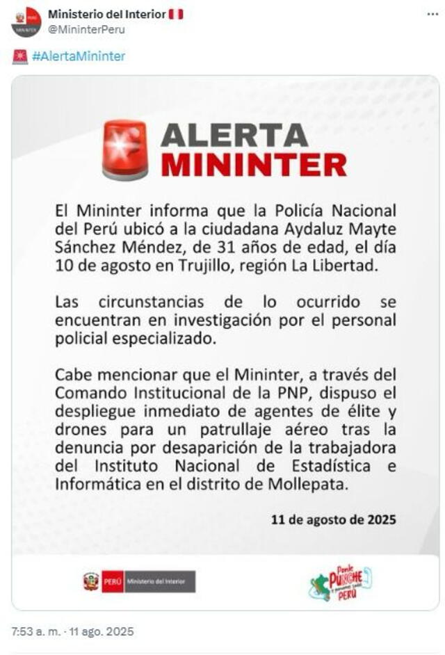 Comunicado del MININTER. Foto: X   