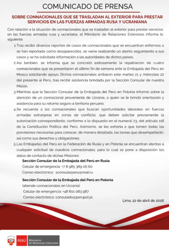 Cancillería se pronuncia sobre la situación de peruanos en zona de conflicto entre Rusia y Ucrania.