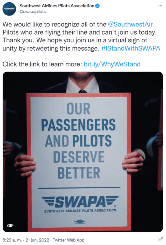 Actualización de la asociación de pilotos de Southwest Airlines realizada el 21 de junio de 2022. Foto: captura LR/Twitter