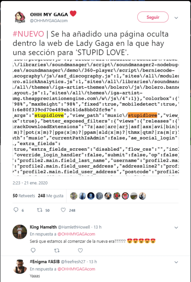 El coding descubierto por un usuario en la página web de Lady Gaga. (Foto: Twitter)