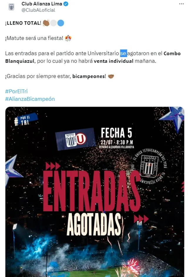 El clásico del fútbol peruano lucirá un estadio repleto de hinchas. Foto: captura de Club Alianza Lima/Twitter   