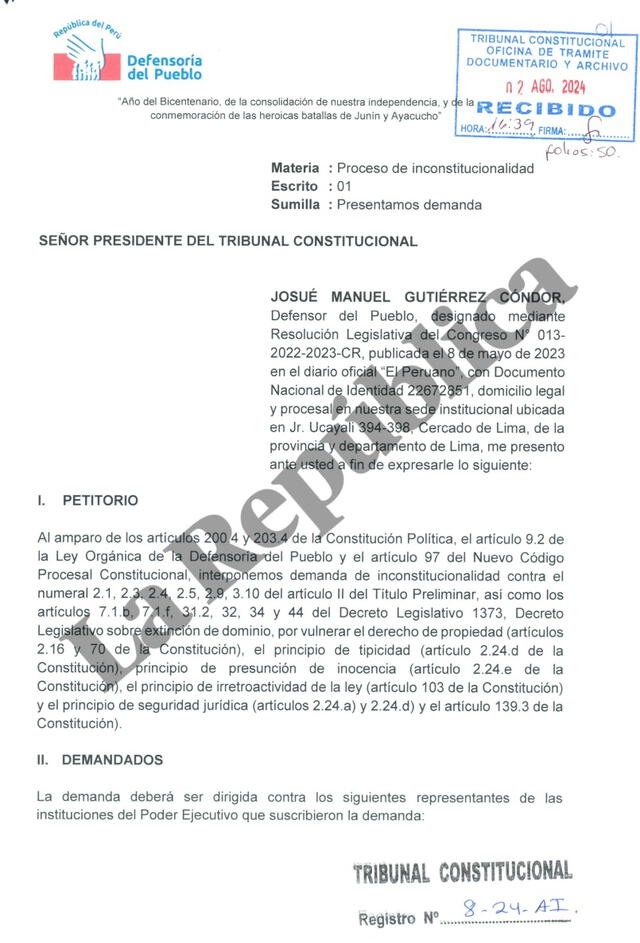  Demanda de inconstitucionalidad contra la ley de extinción de dominio. | Foto: La República.   