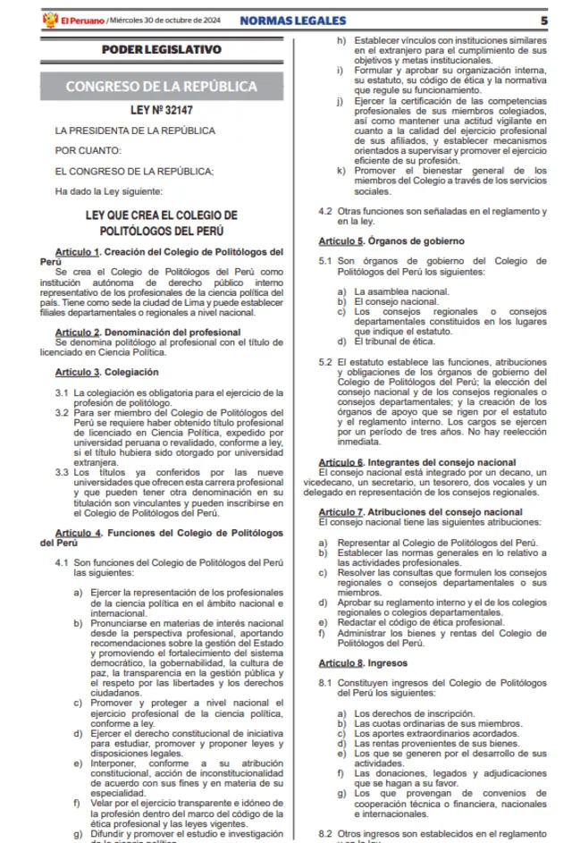 Ejecutivo promulga ley que crea el Colegio de Politólogos del Perú   