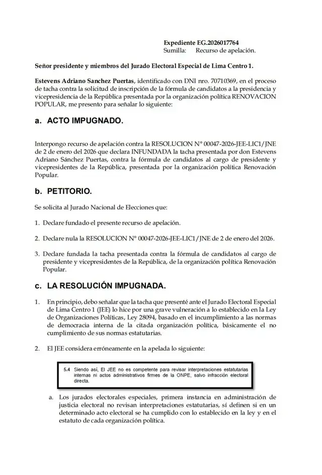  Apelación presentada por Estevebs Sánchez ante tacha infundada contra la lista presidencial de Renovación Popular. Foto: difusión   