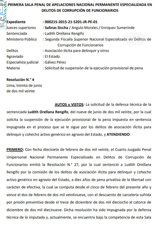 Parte de la resolución sobre Ludith Orellana.