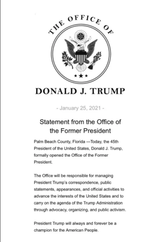 Primer comunicado de la Oficina del expresidente Donald Trump. Foto: Captura de Twitter