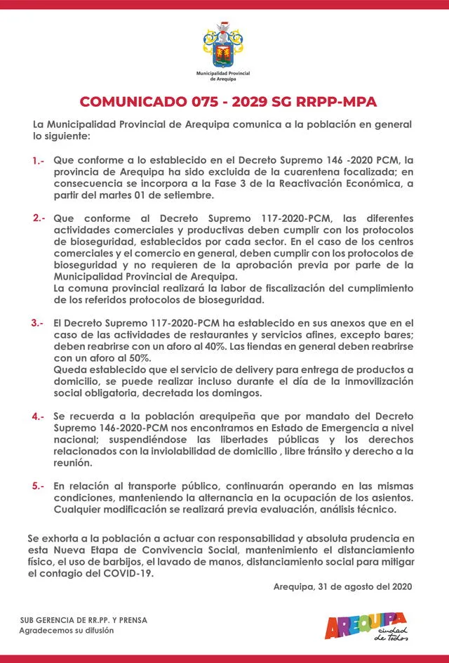 Municipalidad de Arequipa emitió comunicado. Foto: Difusión.