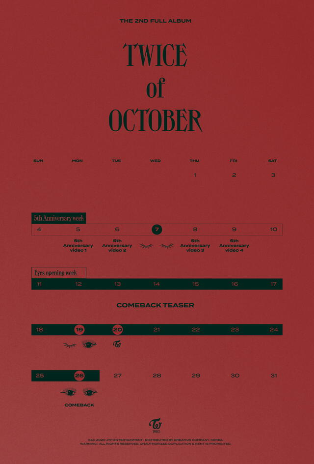 Calendario de TWICE sobre su comeback y aniversario. Foto: Captura Twitter