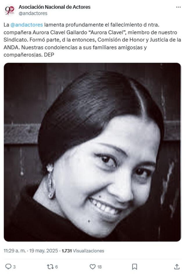 La Asociación Nacional de Actores confirmó la muerte de Aurora Clavel. Foto: <a href="https://x.com/andactores" target="_blank" rel="nofollow">@andactores</a> La Asociación Nacional de Actores confirmó la muerte de Aurora Clavel. Foto: <a href="https://x.com/andactores" target="_blank" rel="nofollow">@andactores</a>