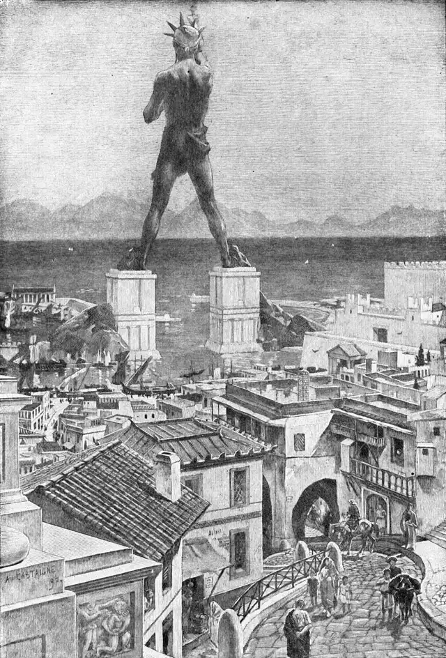 Representación del Coloso de Rodas, del Libro del Conocimiento , The Grolier Society, 1911. Foto: Wikimedia