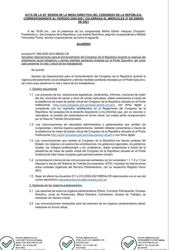 Disposiciones para el funcionamiento del Congreso de la República durante la cuarentena 2021