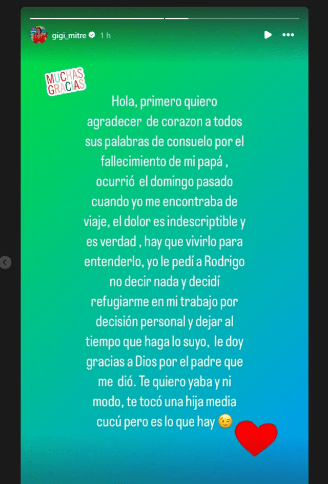  Gigi Mitre tras la muerte de su padre. Foto: captura Instagram/gigi_mitre   