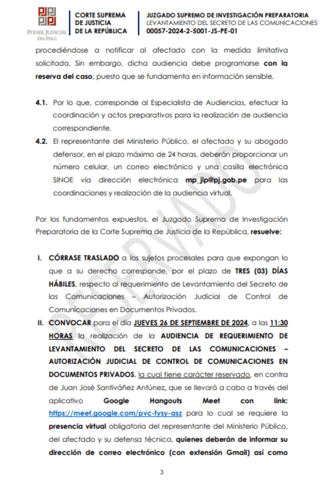 Pedido de audiencia para el levantamiento de las comunicaciones contra Juan José Santiváñez. Foto: difusión   