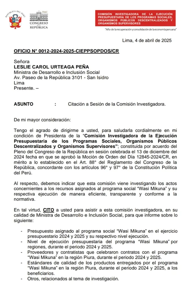 Citación a Leslie Urteaga a la Comisión Investigadora del Congreso. Foto: X Citación a Leslie Urteaga a la Comisión Investigadora del Congreso. Foto: X