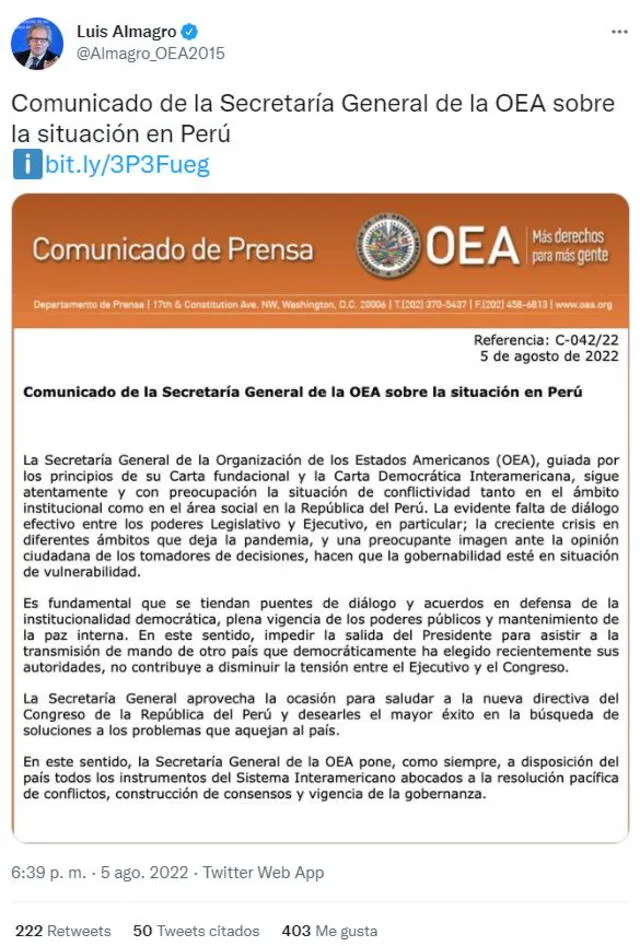 Comunicado de la Secretaría General de la OEA sobre la falta de diálogo entre el los poderes Legislativo y Ejecutivo en Perú. Foto: Twitter/Luis Almagro