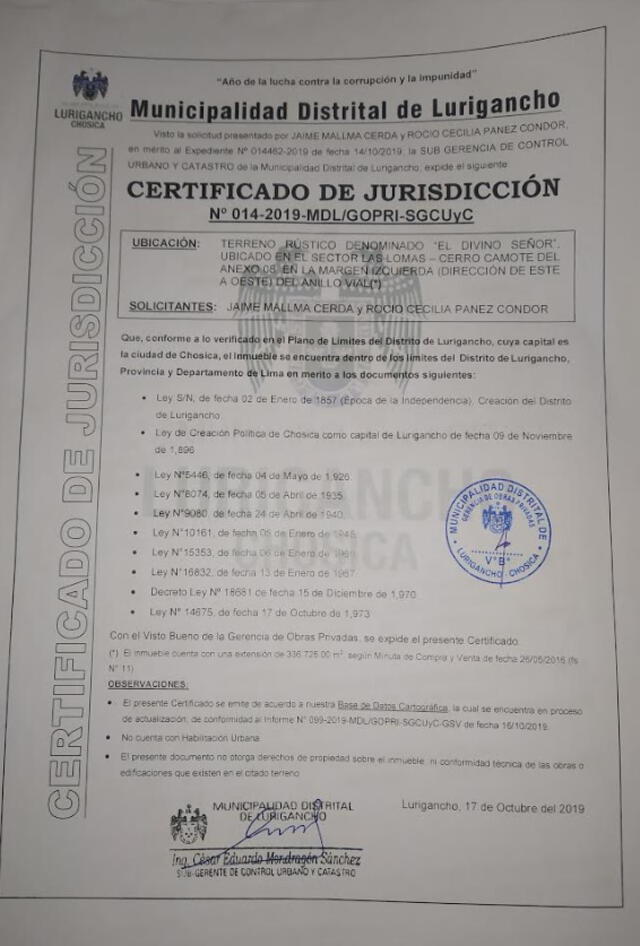 Certificado de jurisdicción que demuestra que el predio se ubica en el distrito de Lurigancho-Chosica (Lima) y no en San Antonio (Huarochirí).