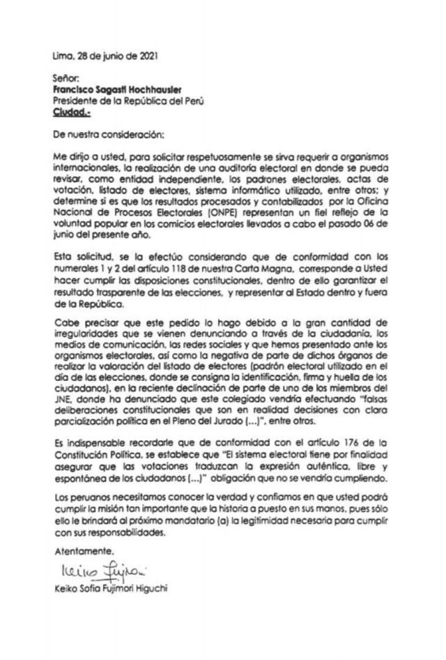 Carta que entregó Keiko Fujimori al presidente Francisco Sagasti.
