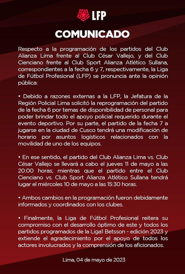 Comunicado oficial de la Liga 1 sobre la reprogramación. Foto: Liga de Fútbol Profesional   