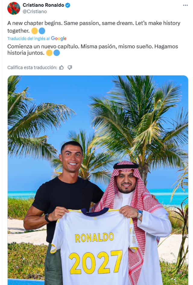 Cristiano Ronaldo junto a representante del Al-Nassr. Foto: Cristiano Ronaldo/ X Cristiano Ronaldo junto a representante del Al-Nassr. Foto: Cristiano Ronaldo/ X