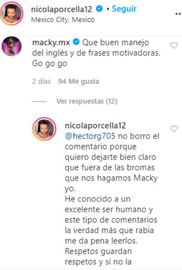 Comentario de Nicola Porcella Foto: captura de Instagram