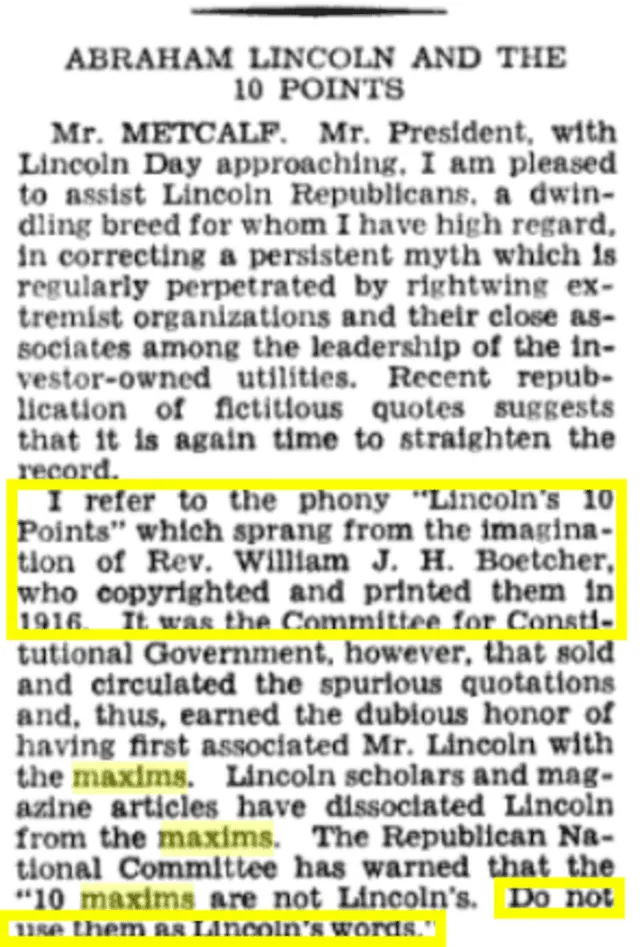 Registro del Senado publicado el nueve de febrero de 1967 realizando la corrección sobre las frases atribuidas al expresidente Lincoln. Fuente: Captura LR, Registro del Congreso - Senado, 1967.