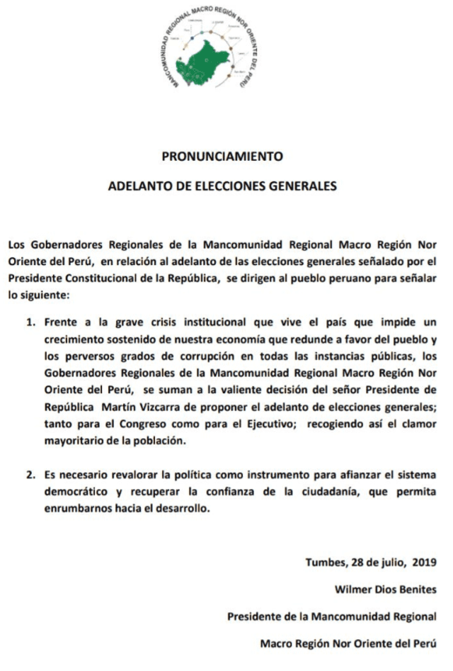 Comunicado gobernadores Macro Región Nor Oriente de Perú.