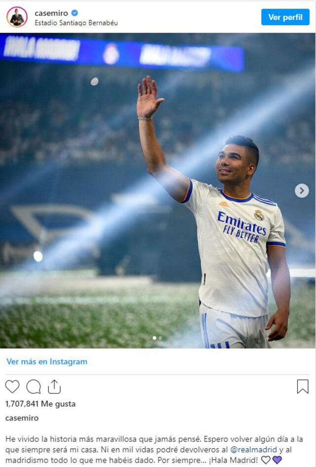 Publicación de Casemiro despidiéndose del Real Madrid. Foto: captura Instagram