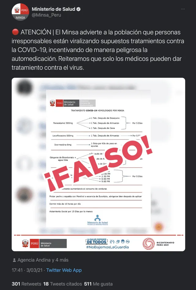 El Ministerio de Salud deslindó del comunicado que circula en redes. Foto: captura en Twitter / @Minsa_Peru
