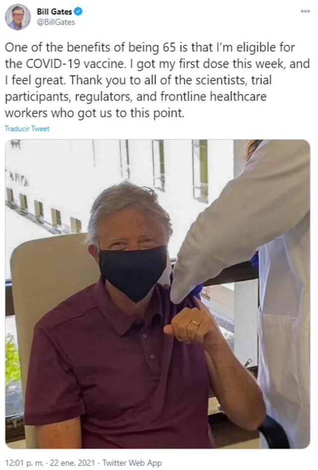 Bill Gates agradeció a las personas encargadas de desarrollar las vacunas. Foto: captura de Twitter