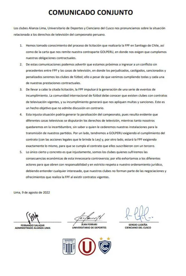 Los tres clubes se pronunciaron sobre la licitación de los derechos de TV del fútbol peruano. Foto: Twitter