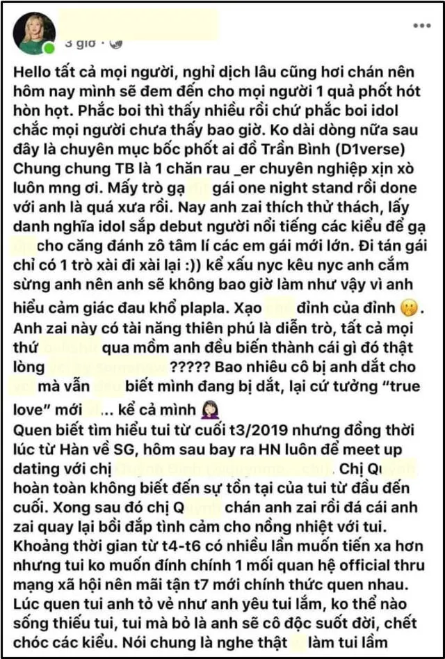 Publicación de A en Facebook (escrito en vietnamita) exponiendo como Tran Binh utilizaba su fama de idol Vpop para seducir a otras chicas. Captura, 7 de abril, 2020.