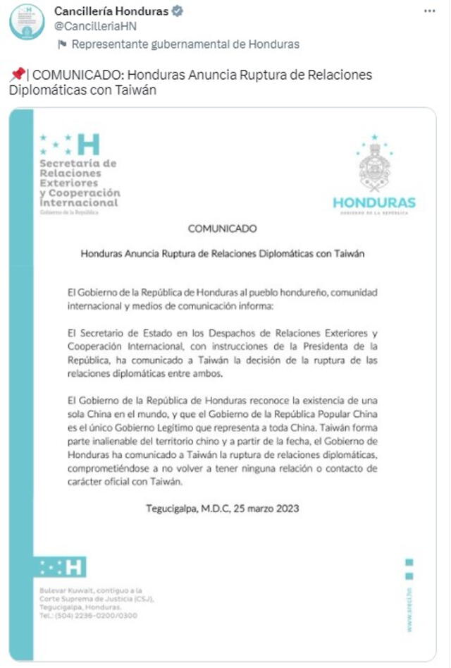  Honduras anunció en un comunicado la ruptura de relaciones diplomáticas con Taiwán. Foto: @CancilleriaHN/Twitter   