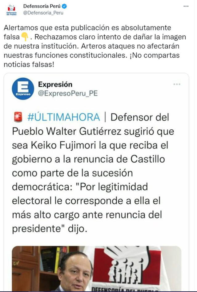 Cuenta falsa señalaba que el defensor sostuvo que "por legitimidad electoral" Keiko Fujimori debía asumir la presidencia ante una renuncia de Pedro Castillo. Foto: Captura Twitter