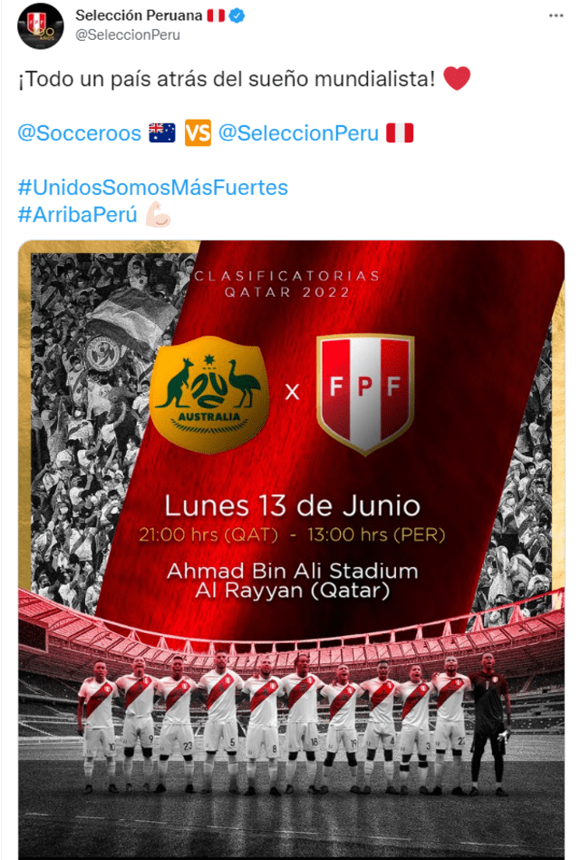 Así fue el mensaje de la selección peruana tras el triunfo de Australia. Foto: Selección peruana/Twitter.