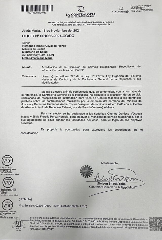 Carta de la Contraloría dirigida al Ministerio de Salud.