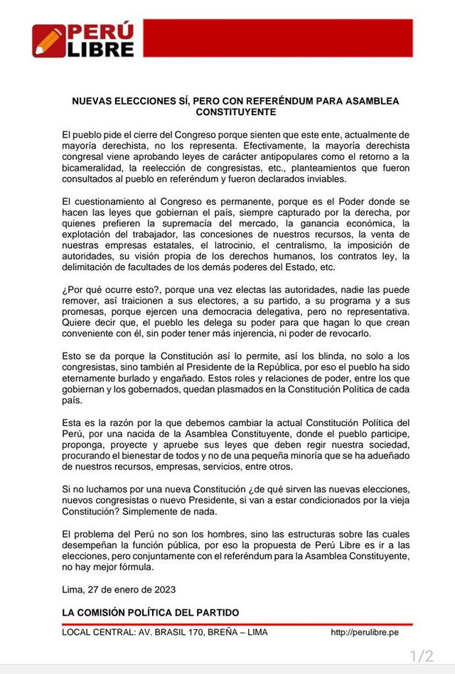 Perú Libre a favor de nuevas elecciones, pero con referéndum para asamblea constituyente. Foto: Perú Libre   