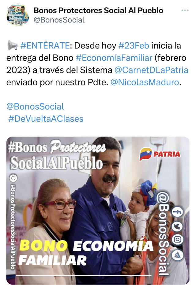  El pago del Bono Economía Familia se esperaba el 25 de febrero, pero se adelantó. Foto: @BonosSocial/ Twitter   