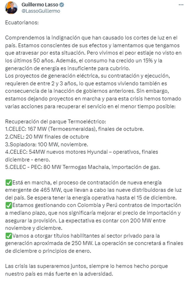Pronunciamiento de Guillermo Lasso tras la crisis energética que invade a Ecuador. Foto: Twitter/X 