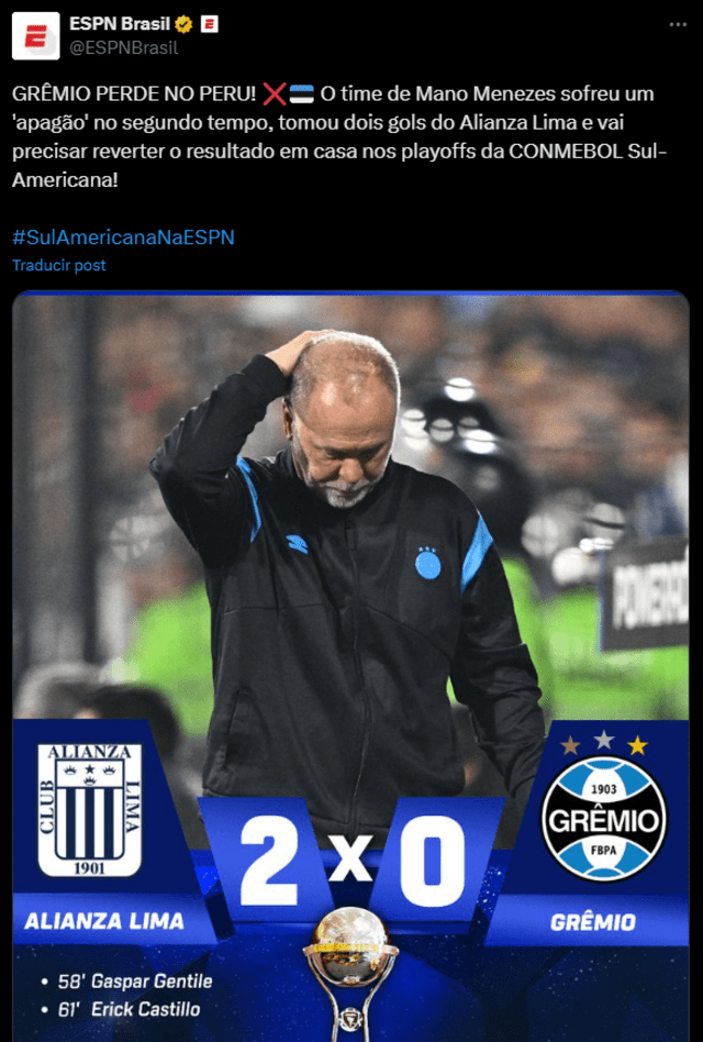 Prensa brasileña despotricó contra Gremio. Foto: X/ESPN Brasil. Prensa brasileña despotricó contra Gremio. Foto: X/ESPN Brasil.