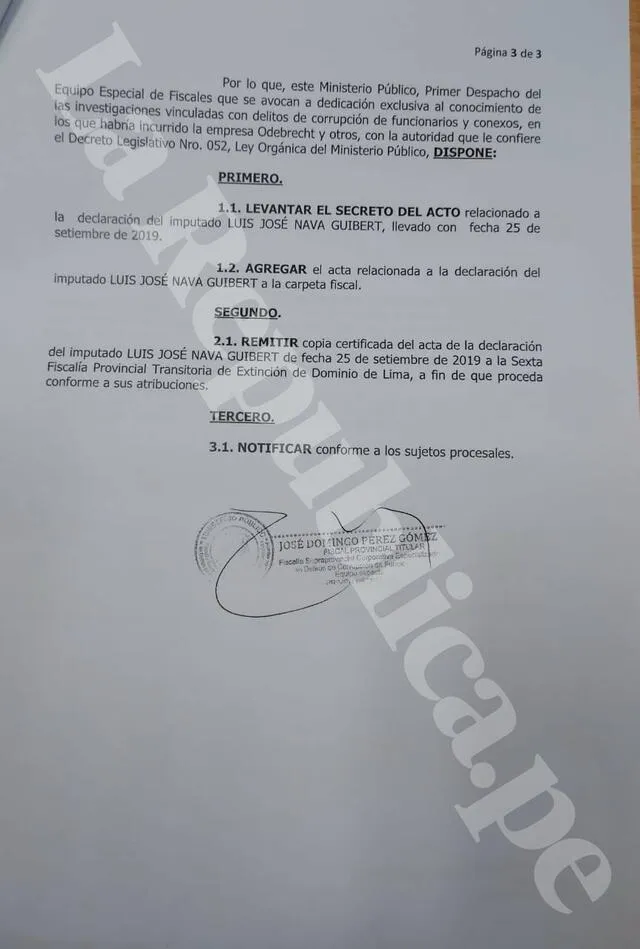 Disposición del fiscal José Domingo Pérez para enviar a la Fiscalía de Extinción de Dominio la declaración de Luis Nava. Foto: La República.