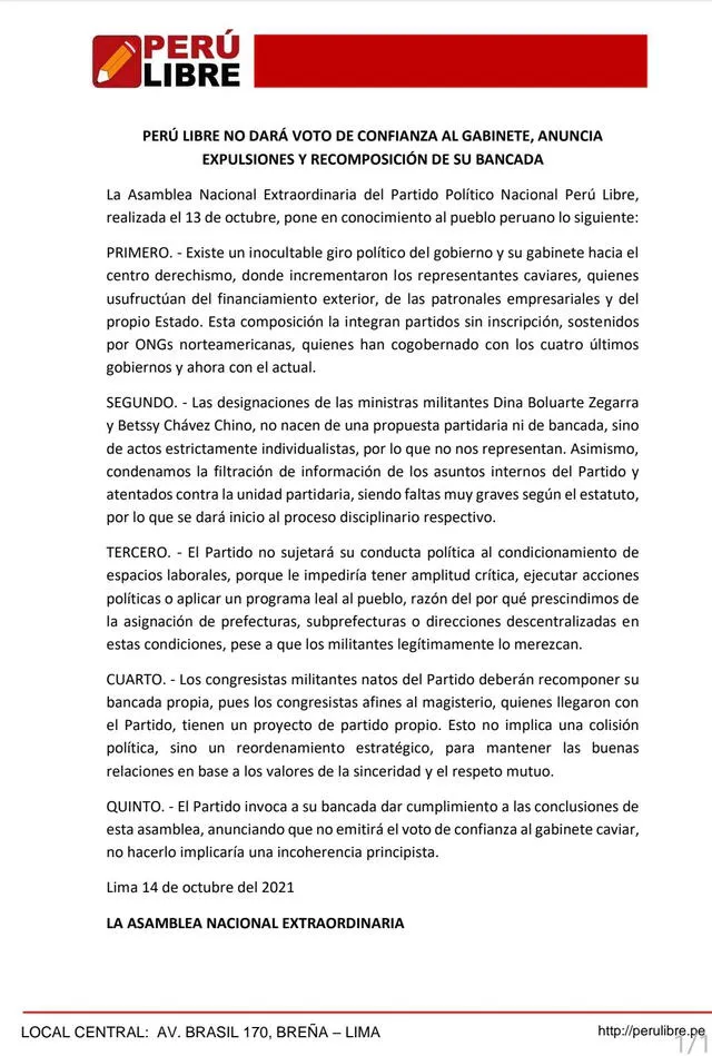 Pronunciamiento de Perú Libre.