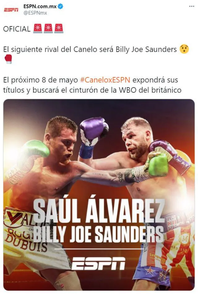Canelo Álvarez peleará con contra Billy Joe Saunders el próximo 8 de mayo
