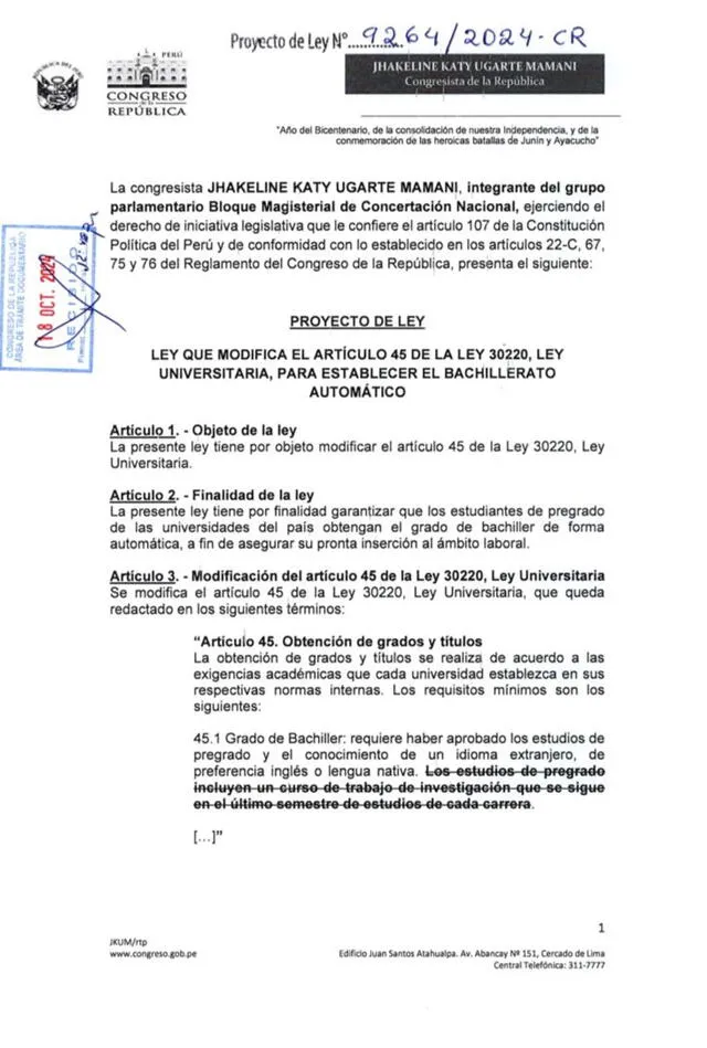 Iniciativa legislativa que propone otorgar bachiller automático sin realizar trabajo de investigación   